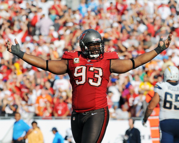 TAMPA, FL - NOVEMBER 11: Defensive tackle Gerald McCoy #93 of the Tampa Bay Buccaneers celebrates a 34 - 24 victory against the San Diego Chargers November 11, 2012 at Raymond James Stadium in Tampa, Florida. Tampa won 34 - 24. (Photo by Al Messerschmidt/Getty Images)