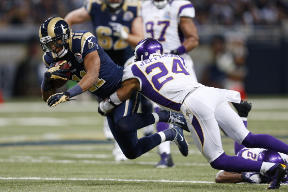 ST. LOUIS, MO - DECEMBER 16: A.J. Jefferson #24 of the Minnesota Vikings tackles Brandon Gibson #11 of the St. Louis Rams during the game at Edward Jones Dome on December 16, 2012 in St. Louis, Missouri. The Vikings won 36-22. (Photo by Joe Robbins/Getty Images)