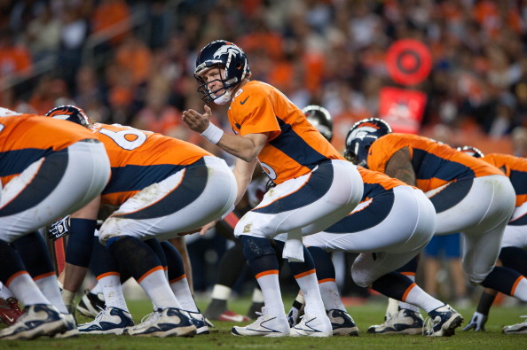 DENVER, CO - DECEMBER 2: Quarterback Peyton Manning #18 of the Denver Broncos adjusts the play at the line of scrimmage during a game against the Tampa Bay Buccaneers at Sports Authority Field Field at Mile High on December 2, 2012 in Denver, Colorado. (Photo by Dustin Bradford/Getty Images)
