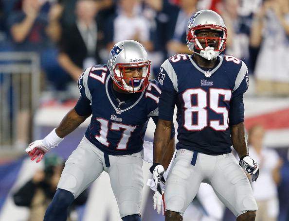 FOXBORO, MA - SEPTEMBER 12:  Aaron Dobson #17 of the New England Patriots celebrates his touchdown with Kenbrell Thompkins #85 of the New England Patriots in the first quarter against the New York Jets at Gillette Stadium on September 12, 2013 in Foxboro, Massachusetts. (Photo by Jim Rogash/Getty Images)