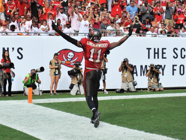TAMPA, FL - NOVEMBER 17: Wide receiver Tiquan Underwood #11 of the Tampa Bay Buccaneers celebrates after a catch against the Atlanta Falcons November 17, 2013 at Raymond James Stadium in Tampa, Florida. The Bucs won 41 - 28. (Photo by Al Messerschmidt/Getty Images)