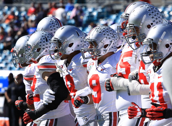ACKSONVILLE, FL - JANUARY 02:  Members of the Ohio State Buckeyes take the field during warmups at the TaxSlayer.com Gator Bowl against the Florida Gators at EverBank Field on January 2, 2012 in Jacksonville, Florida.  (Photo by Scott Halleran/Getty Images)