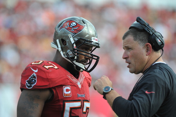 TAMPA, FL - NOVEMBER 17: Coach Greg Schiano of the Tampa Bay Buccaneers directs play against the Atlanta Falcons November 17, 2013 at Raymond James Stadium in Tampa, Florida. The Bucs won 41 - 28. (Photo by Al Messerschmidt/Getty Images)