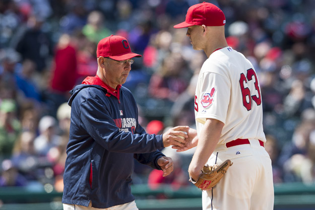 CLEVELAND, OH - APRIL 6: Manager Terry Francona #17 removes starting pitcher Justin Masterson #63 of the Cleveland Indians from the game during the fourth inning at Progressive Field on April 6, 2014 in Cleveland, Ohio. 