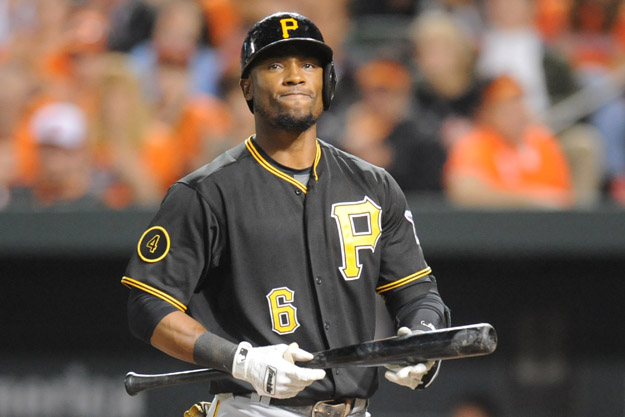 BALTIMORE, MD - MAY 1:  Starling Marte #6 of the Pittsburgh Pirates reacts after striking out in the third inning during a baseball game against the Pittsburgh Pirates in game two of a doubleheader on May 1, 2014 at Oriole Park at Camden Yards in Baltimore, Maryland.  