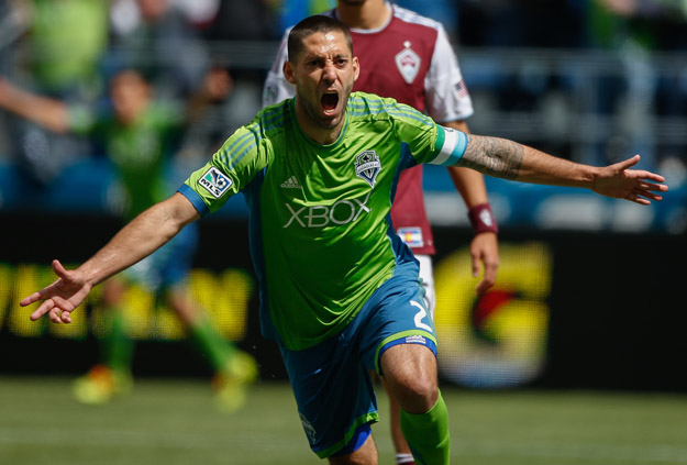 SEATTLE, WA - APRIL 26:  Clint Dempsey #2 of the Seattle Sounders FC reacts after scoring his second goal against the Colorado Rapids at CenturyLink Field on April 26, 2014 in Seattle, Washington. The Sounders defeated the Rapids 4-1.  