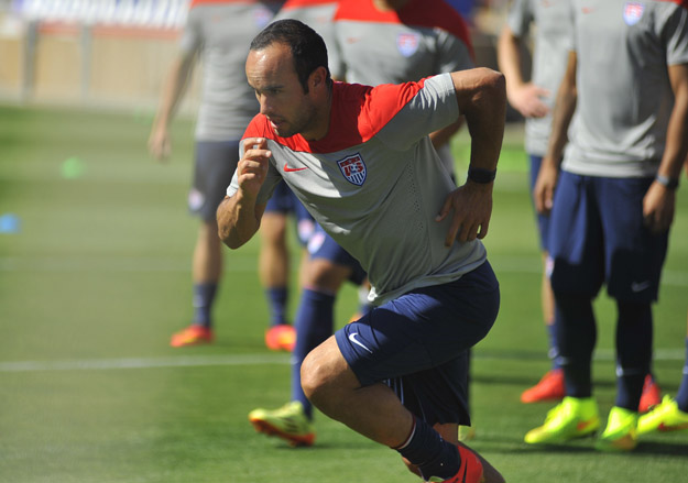 Landon Donovan of the US Men's National Team practices in Stanford, California on May 14, 2014.   In the upcoming World Cup 2014 the US is drawn in Group G, along with Ghana, who reached the quarter-finals in the 2010 edition, Euro 2012 semi-finalists Portugal, and one of the favorites for the trophy Germany. They will kick off their campaign on June 16 against Ghana. 