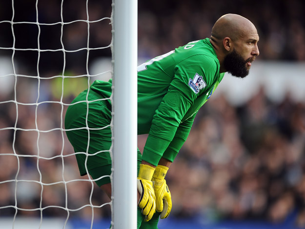 LIVERPOOL, ENGLAND - NOVEMBER 03: Tim Howard of Everton looks on during the Barclays Premier League match between Everton and Tottenham Hotspur at Goodison Park on November 03, 2013 in Liverpool, England. 