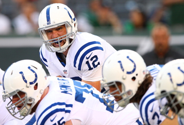Quarterback Andrew Luck #12 of the Indianapolis Colts warms up prior to a preseason game against the New York Jets at MetLife Stadium on August 7, 2014 in East Rutherford, New Jersey.  (Photo by Elsa/Getty Images)