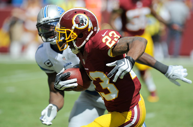 LANDOVER, MD - SEPTEMBER 22:  DeAngelo Hall #23 of f the Washington Redskins returns an interception for a touchdown in the first quarter against the Detroit Lions at FedExField on September 22, 2013 in Landover, Maryland.
