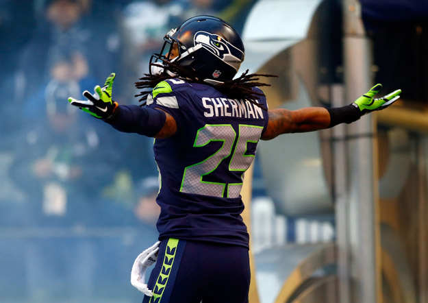 SEATTLE, WA - JANUARY 19: Cornerback Richard Sherman #25 of the Seattle Seahawks takes the field for the 2014 NFC Championship against the San Francisco 49ers at CenturyLink Field on January 19, 2014 in Seattle, Washington.