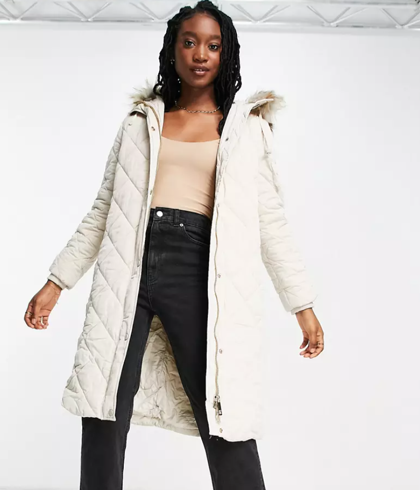 ASOS Ever New Diamond Quilted Puffer Coat With Faux Fur Hood
