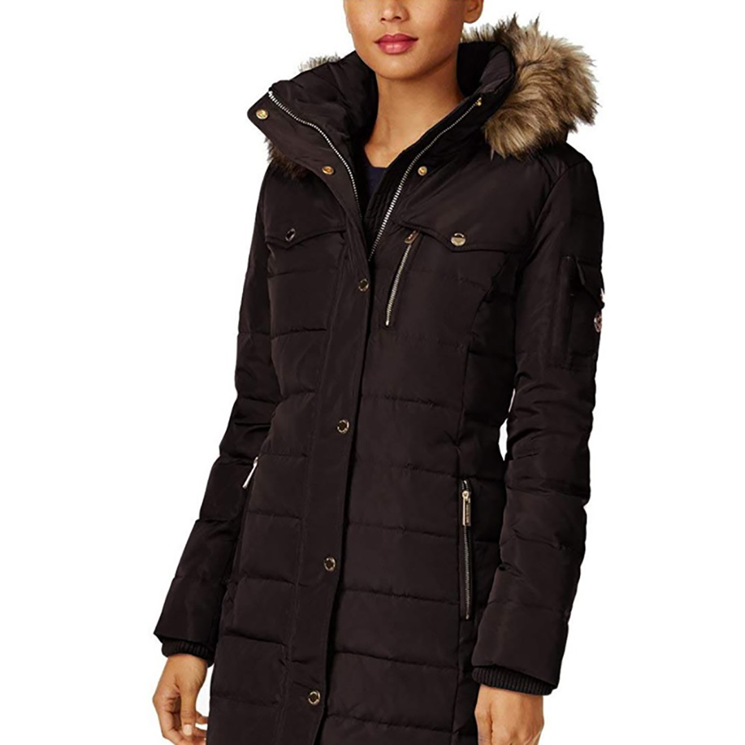 Michael Michael Kors chocolate brown three-quarter down coat for women with a hood
